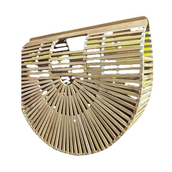 Bamboo Half Moon Arc Handbag Wooden Summer Retro Woven Summer Beach Purse EUC - Picture 4 of 12